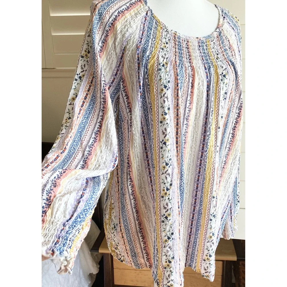 Cj‎ Christopher & Banks Women 2XL  Long Sleeve Floral Top Smocked Boho Peasant